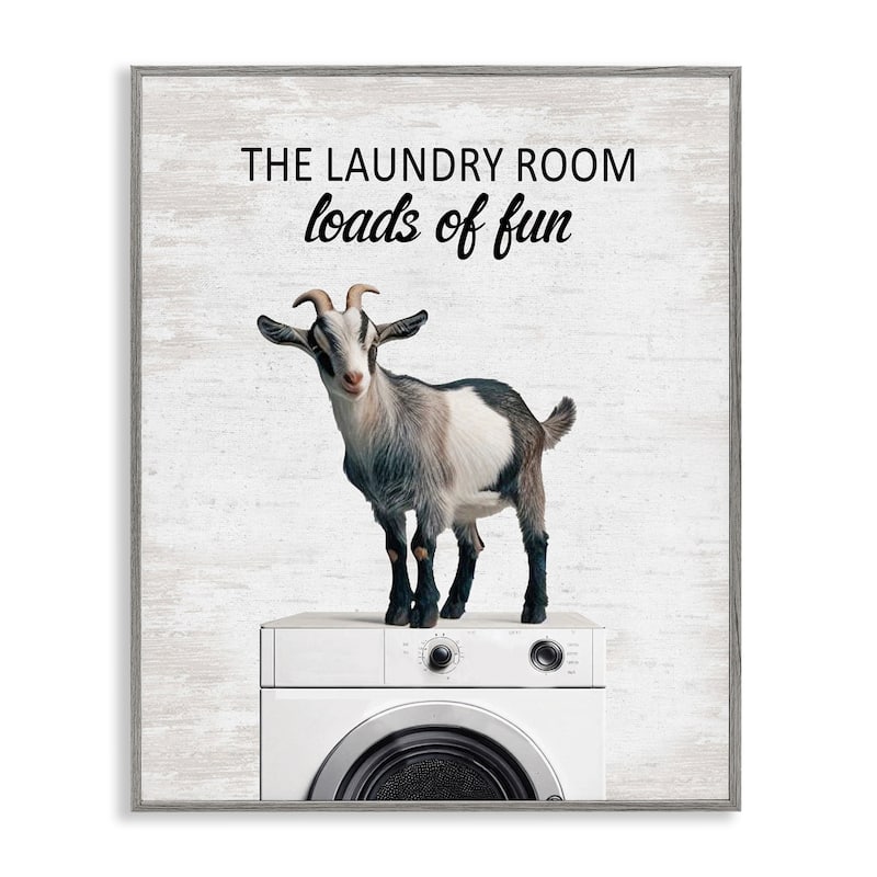 Stupell Loads of Fun Laundry Goat Framed Giclee Art Design By Lettered and Lined - 11 x 14 - Grey