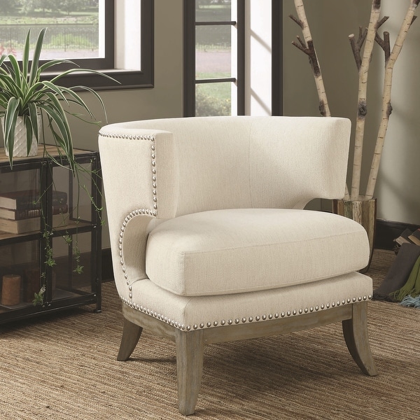 Mid Century Design Cream White Chenille Living Room Accent Chair with Nailhead Trim