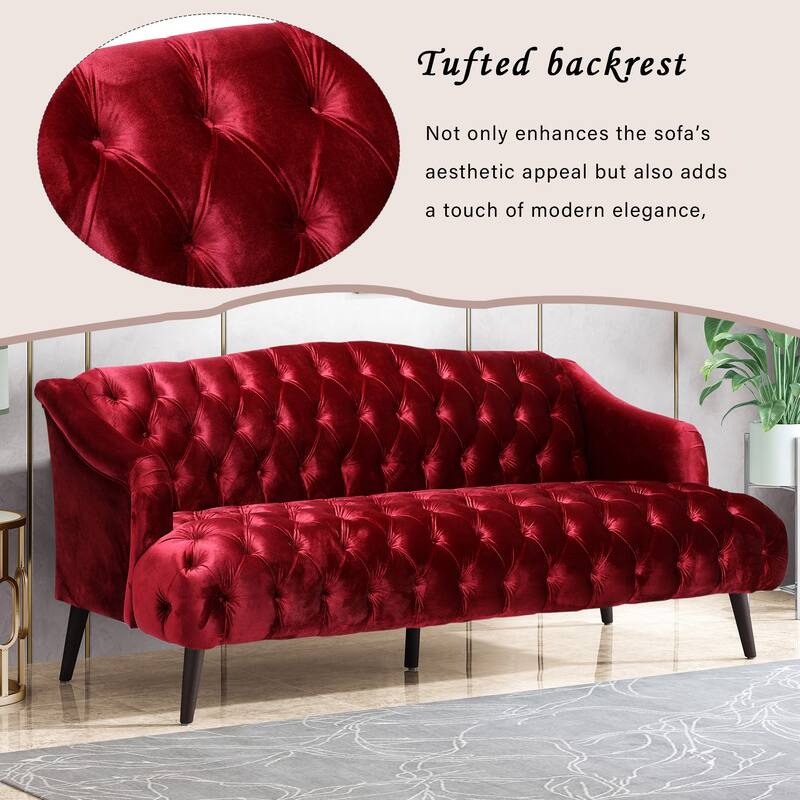 Contemporary 3-Seater Sofa with Button Tufted PU Upholstery and Birch Wood Legs