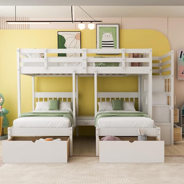 slide 2 of 11, Full Over Twin & Twin Bunk Bed with Drawers, Triple Bunk Bed with Guardrails, Pine Wooden Bed with Staircase, White White