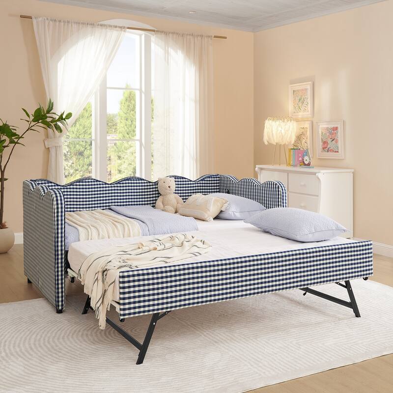 Linen Fabric Gingham Daybed with Trundle, Twin Size Sofa Bed with USB Port and Adorable Wave Shaped Headboard