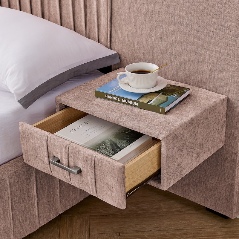 Chenille Upholstered Pleated Platform Bed Frame Wingback Headboard with Side Tables and Adjustable Lamps