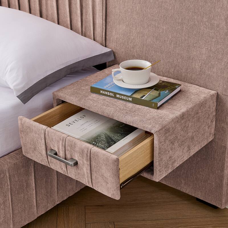 King Size Upholstered Chenille Grounded Bed with Headboard and Solid Frame