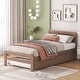 preview thumbnail 3 of 11, Twin Size Platform Bed Simple Wood Bed Frame with Twin Trundle Underneath, Wood Slat Support No Box Spring Needed, Walnut