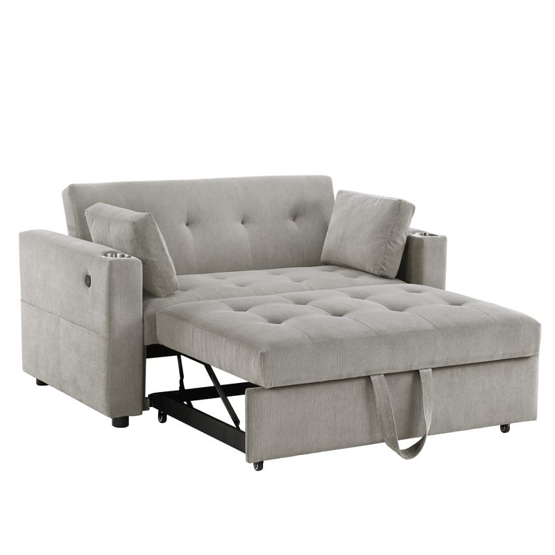 Luelle 57"W Corduroy Convertible Sleeper Loveseat with Cupholders, USB Ports, Magazine Pockets, Pillows, Tufting