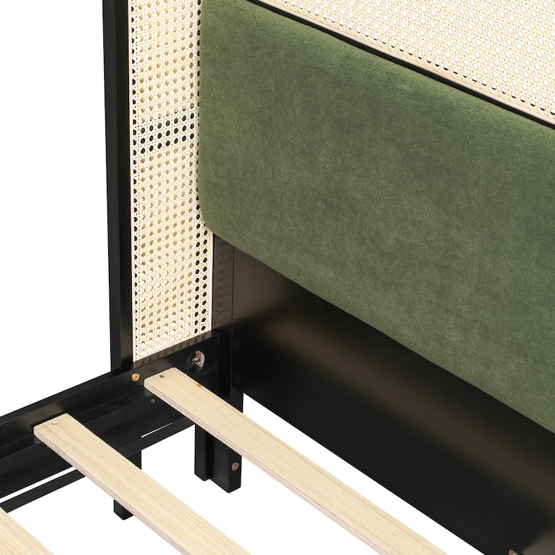 Christopher Knight Home - Mid-Century Upholstered Wood Low-Profile Platform Bed with Rattan Weaving Headboard