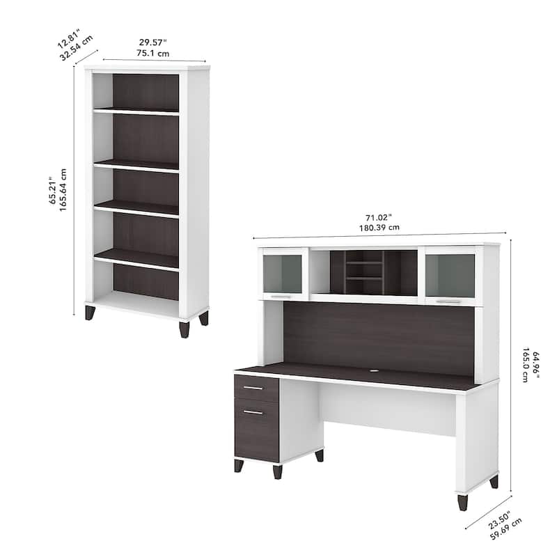 Somerset 72W Office Desk with Hutch and 5 Shelf Bookcase in Ash Gray