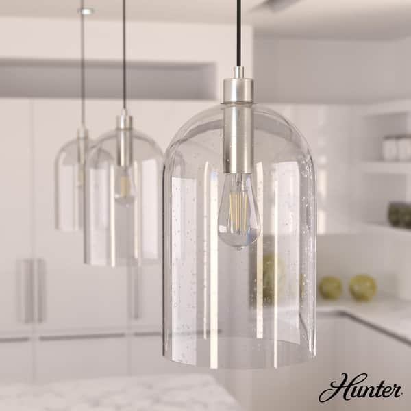 slide 2 of 9, Hunter 16" Lochemeade 1-Light Pendant - Kitchen Island, Dining Room, Bedroom - Modern Farmhouse, Contemporary, Industrial Brushed Nickel-Seeded Glass
