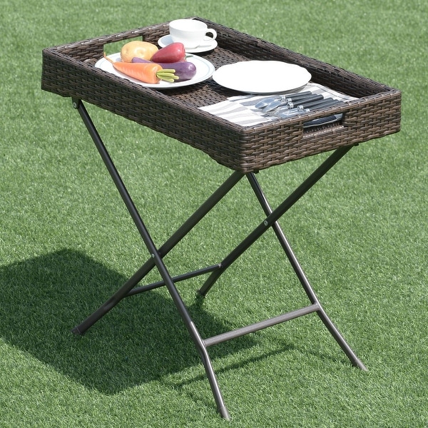 Shop Costway Brown Rattan Side Table Tray Table Bedside ...