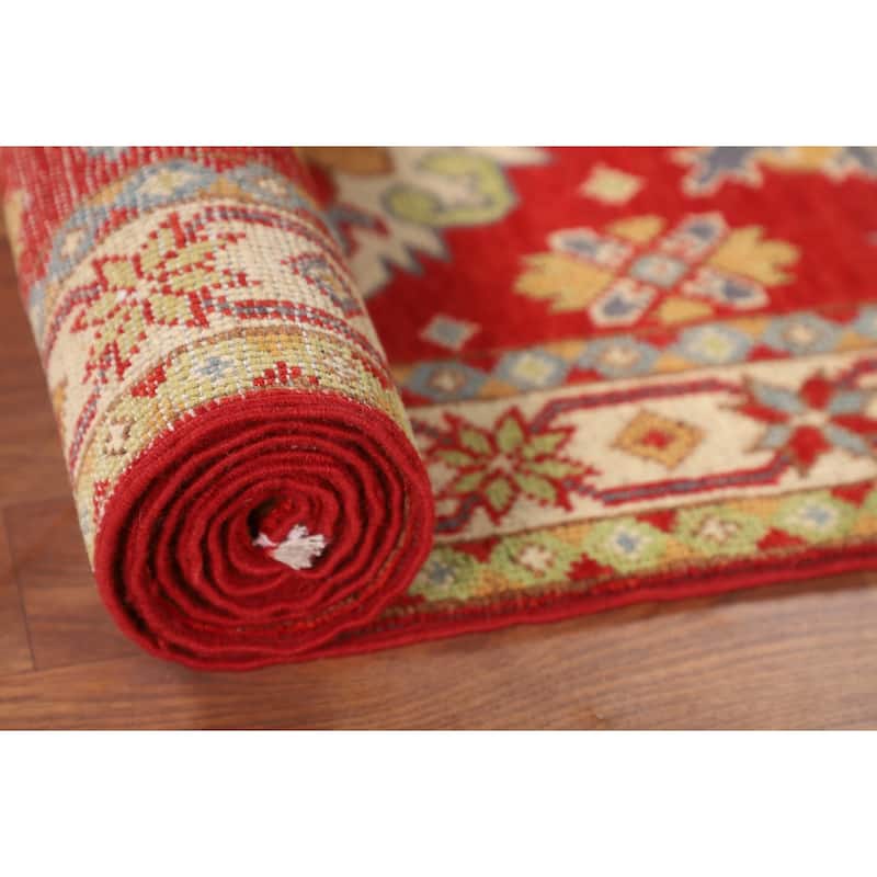 Geometric Red Kazak Oriental Runner Rug Hand-Knotted Wool Carpet - 2'2" x 6'3"