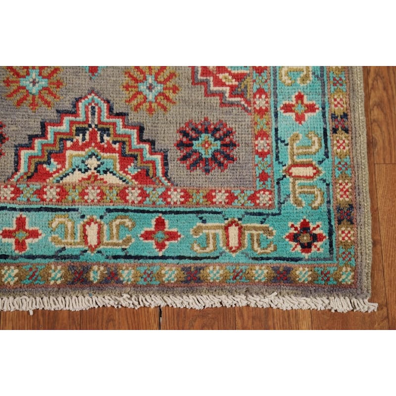 Geometric Kazak Foyer Rug Handmade Traditional Grey Wool Carpet - 2'0" x 3'0"