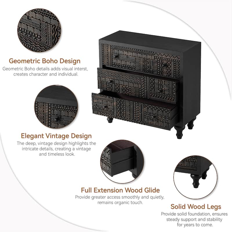 COZAYH 3 Drawer Farmhouse Dresser with Geometric Carved Pattern, Vintage Accent Wood Storage Chest for Living Room, Bedroom