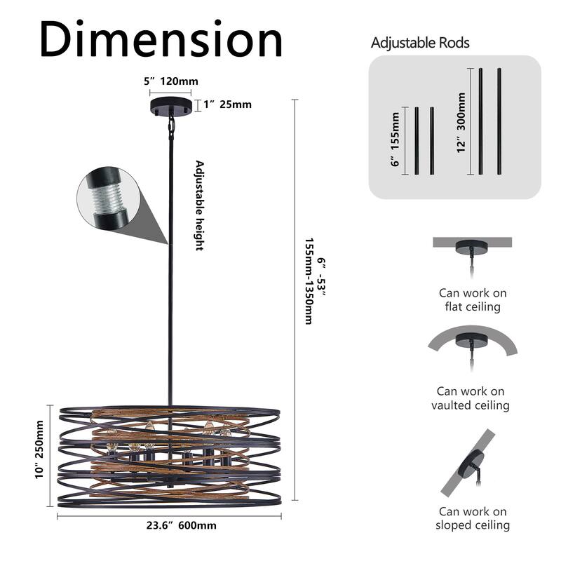 24" Rustic Industrial Pendant Light, 6-Light Black and Walnut Metal Cage Chandelier with Wood Accents (No Bulbs)
