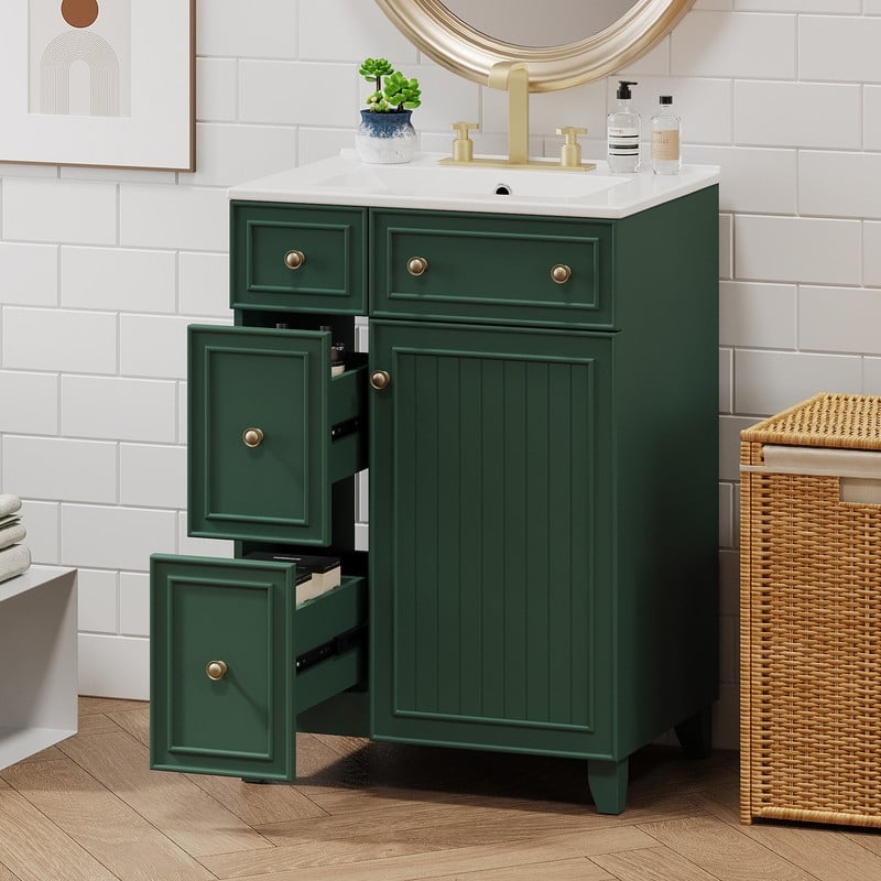 24" Green Bathroom Vanity Cabinet with Ceramic Sink, 2 Drawers, 1 Soft-Close Door