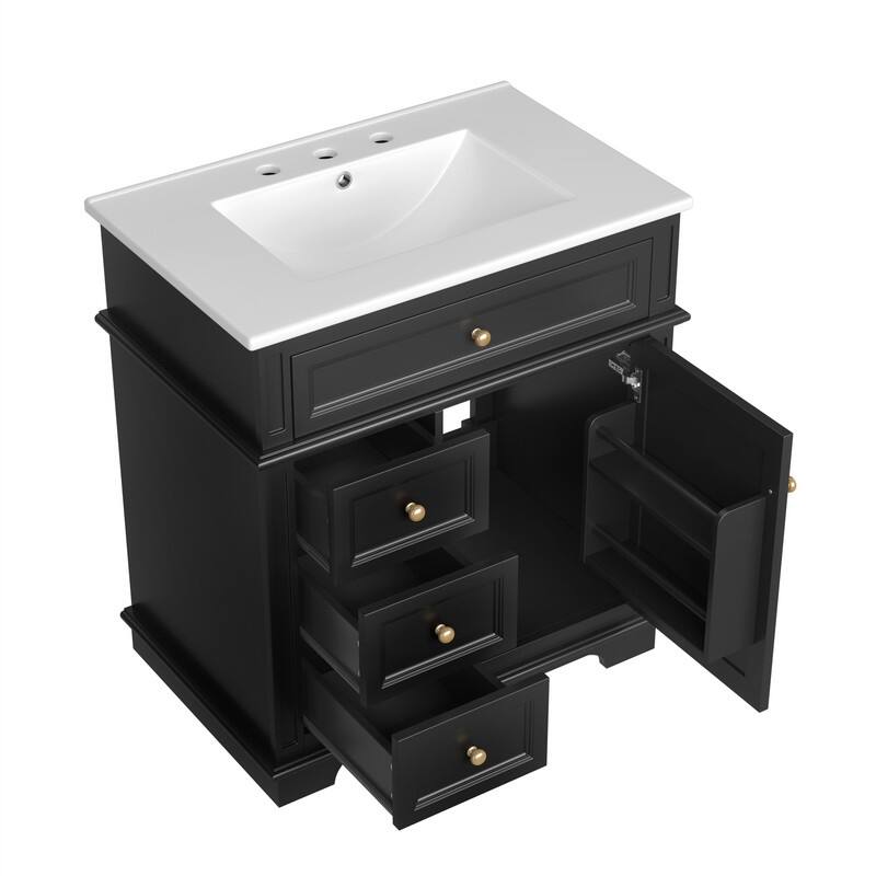 30" Bathroom Vanity with Ceramic Sink, Bathroom Vanity Cabinet with 3 Drawers, 1 Tip-out Drawer, Door Shelf & Soft Closing Door
