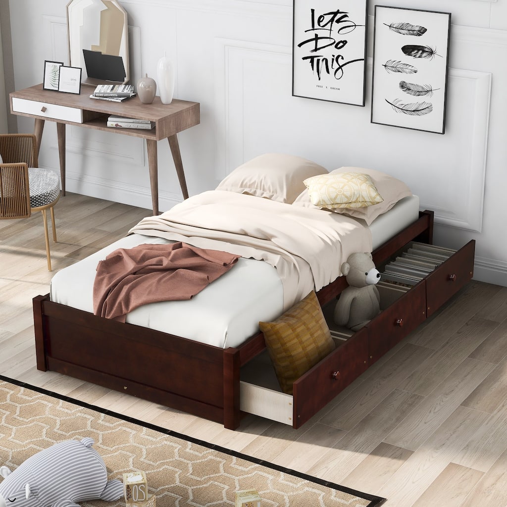 Twin Solid Wood Frame Platform Bed with 3 Drawers