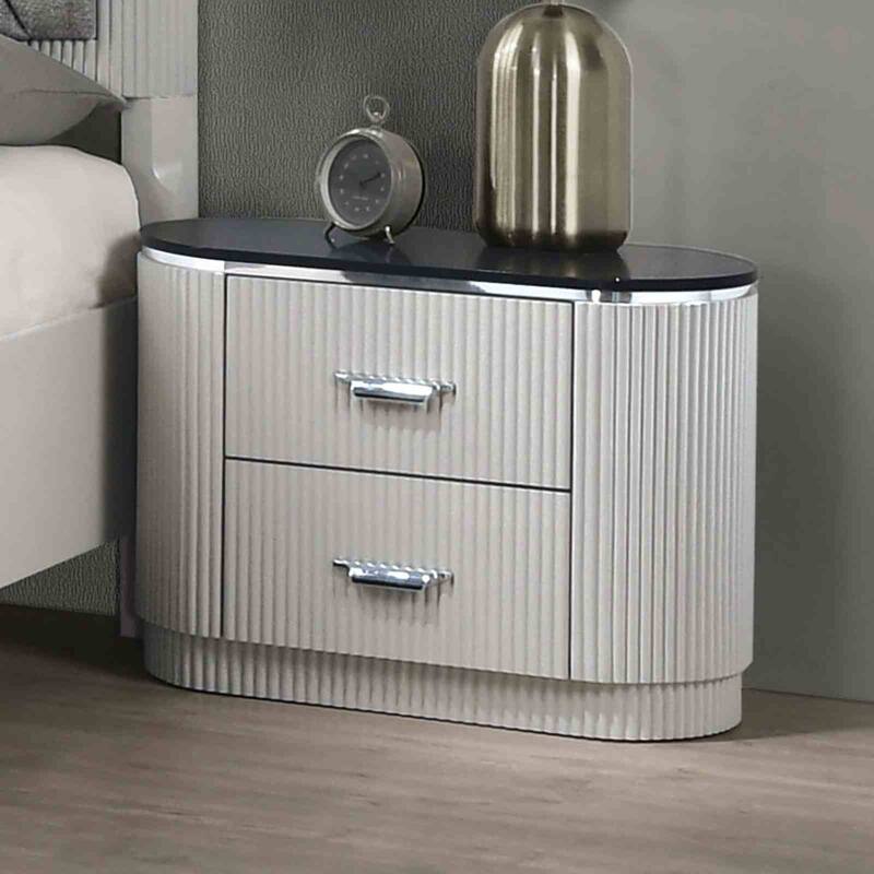 Contemporary Nightstand - Stone Top with Chrome Pulls & Light Gray Finish