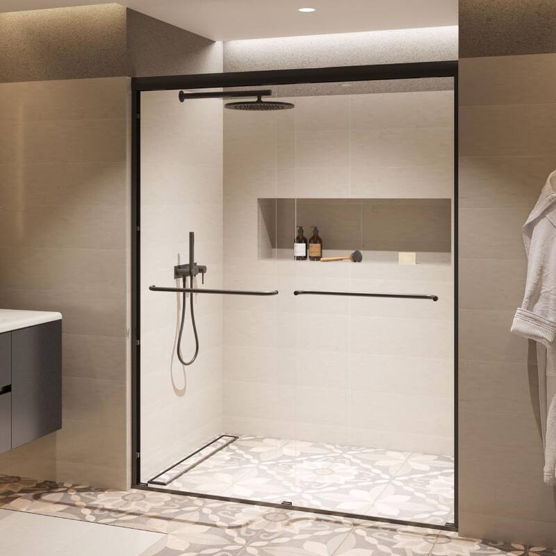 Seawin Strada Light Bypass Frameless Sliding Glass Shower Door 1/4 in. (6 mm) Thick Clear Tempered Glass - 56 - 60 in. W x 76 in. H - Matte Black