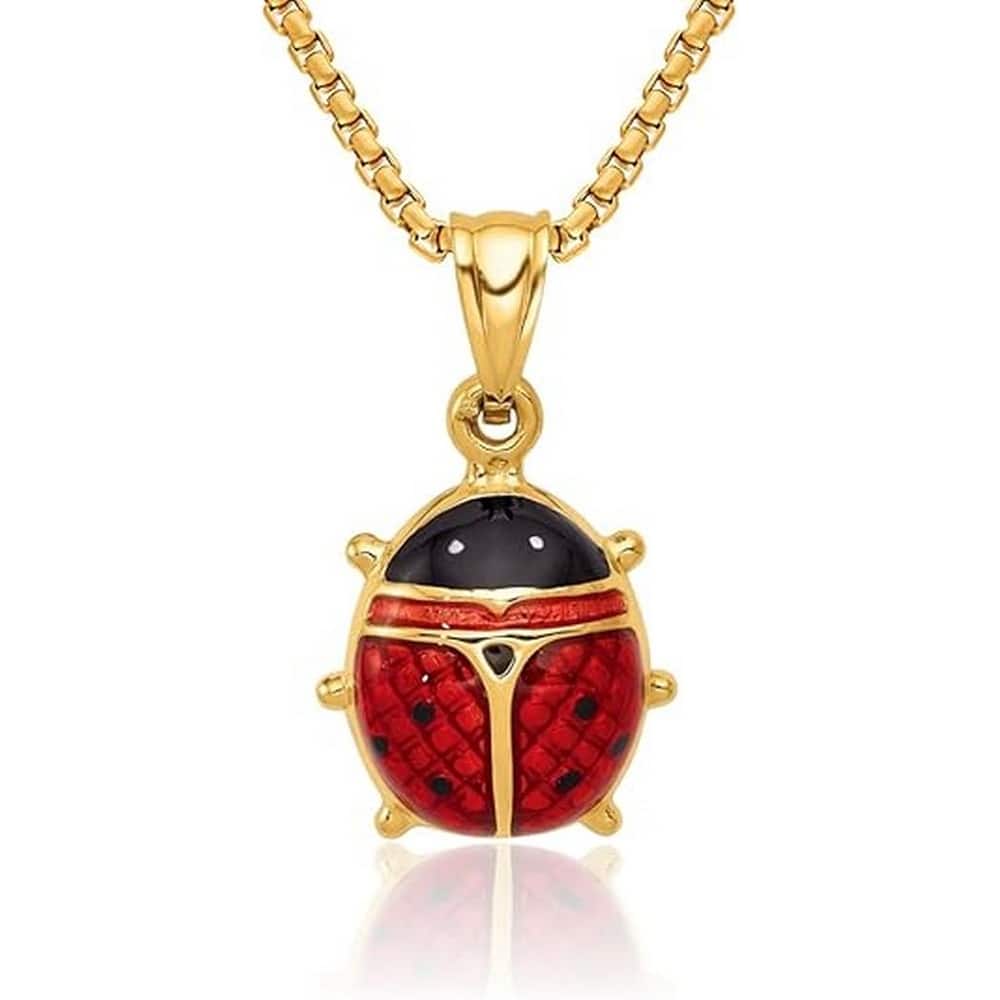 Curata 14K Yellow Gold 18" Large Red Enamel Ladybug Pendant Necklace - 22x11mm