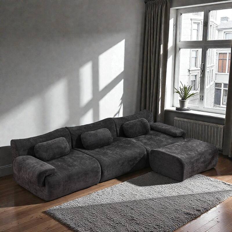 Modular Chenille Sofa Set with Armchair, Extra Large Deep Seat 3 Seater Compression Couch with Pillows