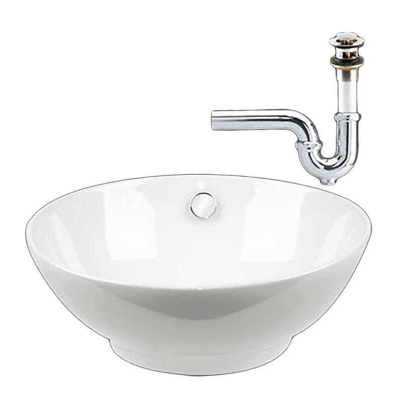 White Ceramic 16.5" Round Above Counter Bathroom Vessel Sink with Overflow, Drain and P-Trap Renovators Supply