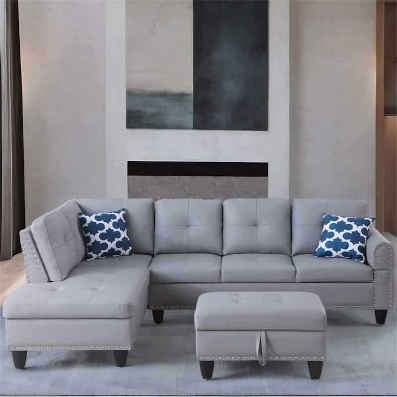 Faux Leather Sectional Sofa with Ottoman - Grey