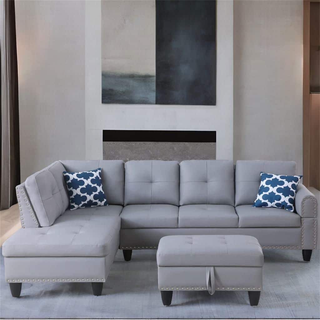 Faux Leather Sectional Sofa with Ottoman