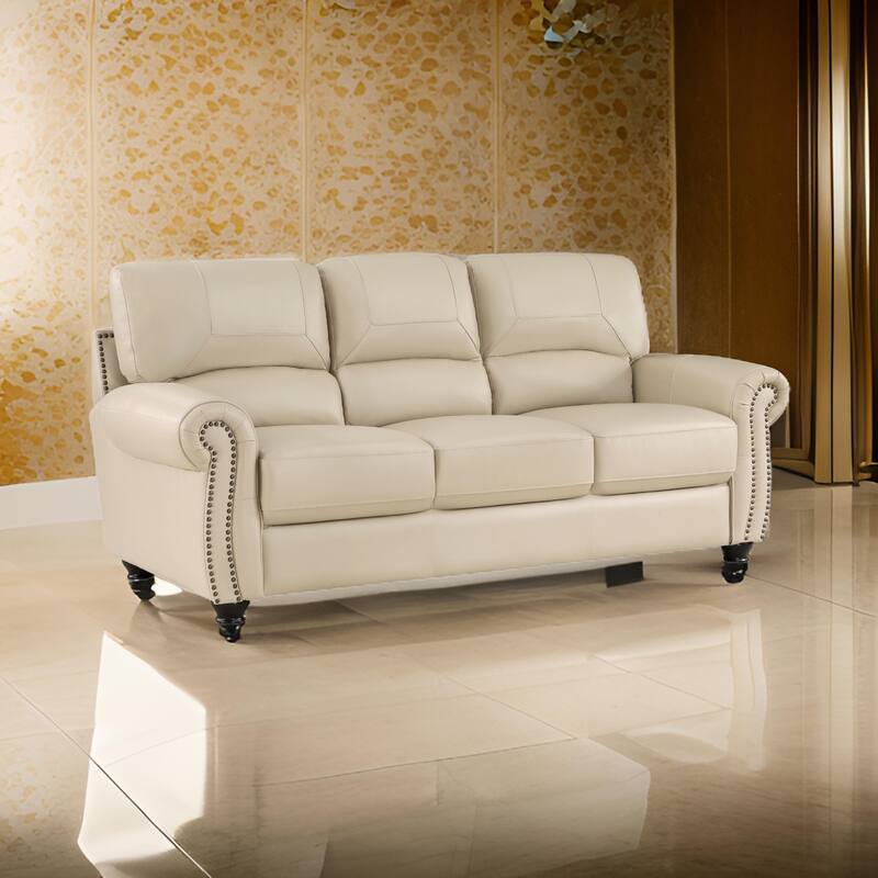 Kia 84 Inch Sofa, Cream Top Grain and Faux Leather, Brown Solid Wood