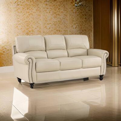 Kia 84 Inch Sofa, Cream Top Grain and Faux Leather, Brown Solid Wood