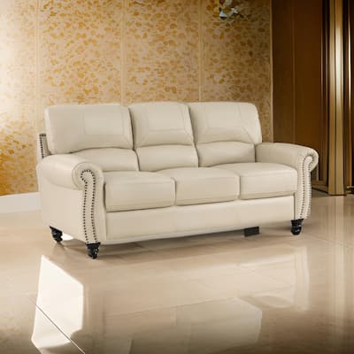 Kia 84 Inch Sofa, Cream Top Grain and Faux Leather, Brown Solid Wood