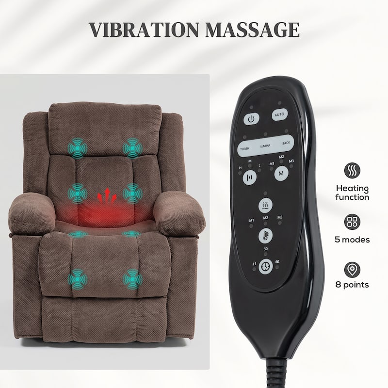 Brown Power Lift Recliner Massage Chair with Built-in USB Port and Side Storage Pockets