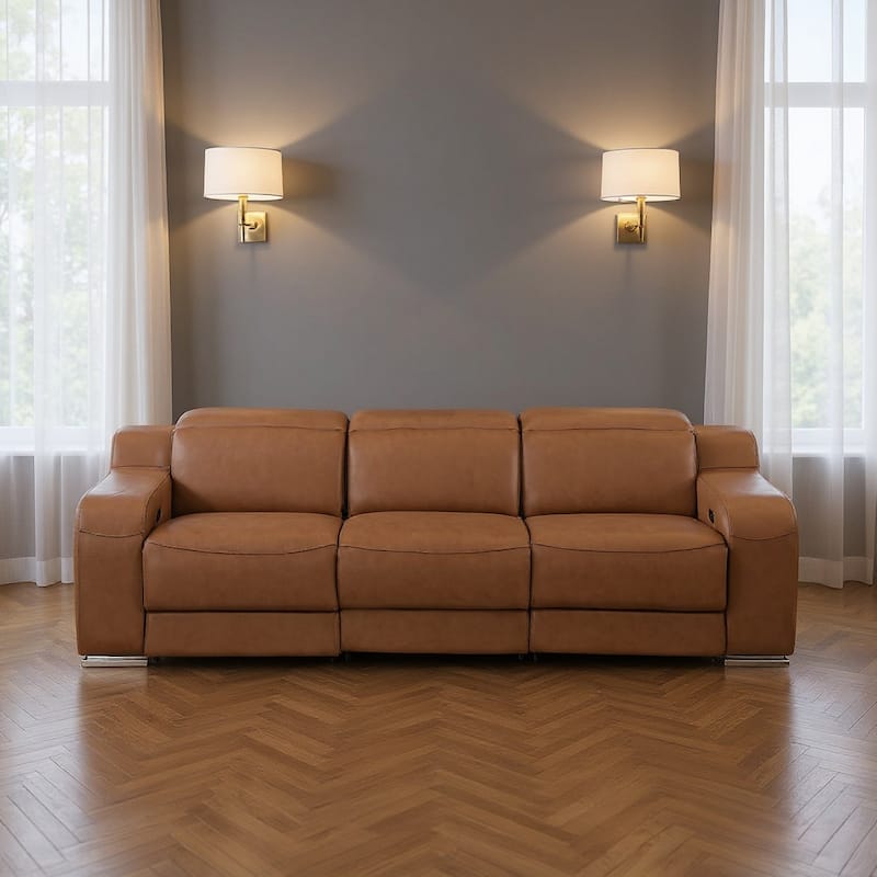 HomeRoots 103" Chestnut Italian Leather Reclining USB Sofa - Chestnut