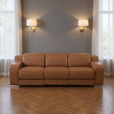 HomeRoots 103" Chestnut Italian Leather Reclining USB Sofa