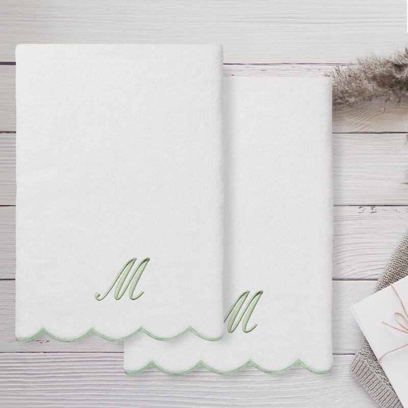 Authentic Hotel and Spa 100% Turkish Cotton Green ADORNIA Scallop Personalized 2 Piece Bath Towel Set - 2 Bath Towels