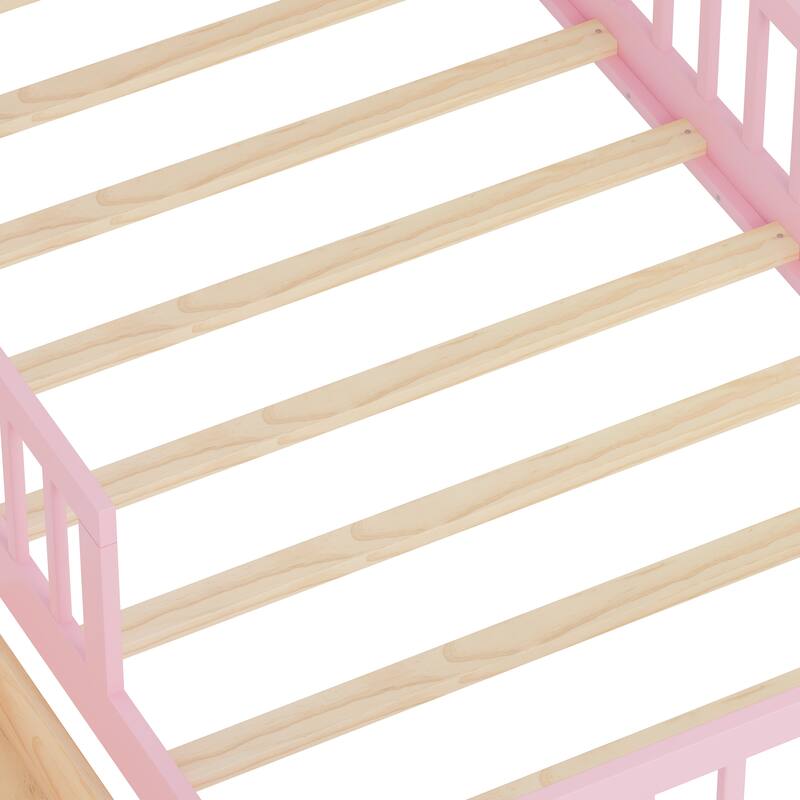 Twin Size Bed with Headboard Storage, Under-Bed Drawers & Safety Guardrails,Pink