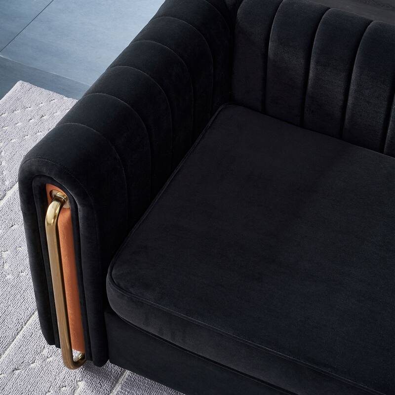 Modern Velvet Sofa with Channel Tufting & Gold Steel Legs - 3 Seater Couch