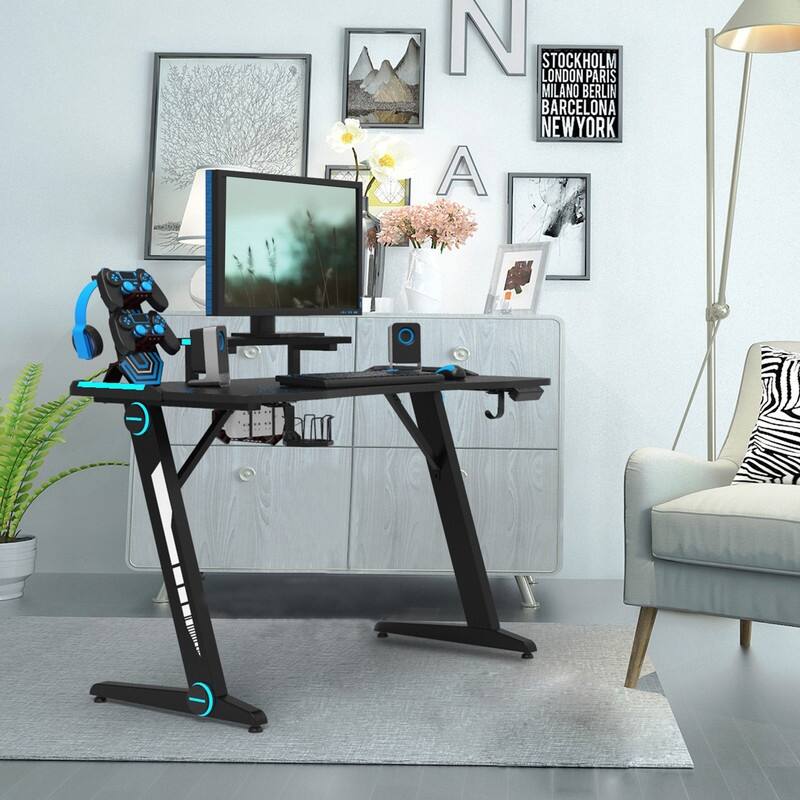 47.2"Gaming Desk Z-Shaped Computer Desk With LED lights&Cup Holder