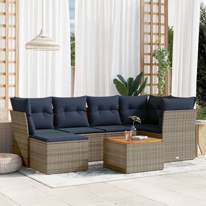 vidaXL Patio Sofa Set with Cushions Outdoor Furniture 7 Piece Poly Rattan - 24.4" x 24.4" x 27.2" - Gray
