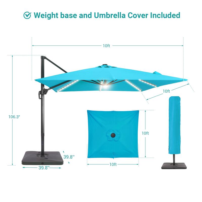 BONOSUKI 10x10FT LED Cantilever Patio Umbrella Angle Adjustment w/Base
