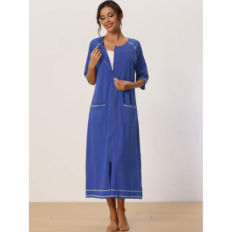 Women Zipper Robe Long Sleeve Loungewear Bathrobe with Pockets - Bright Blue - XL