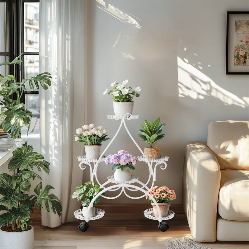 European White 6 Tiers Flower Stand with Rolling Wheels heart-shaped Multi-layer Rack