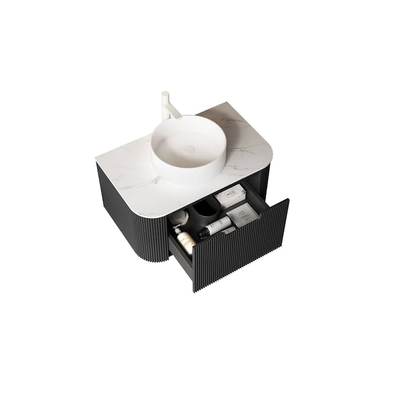 Modern Floating 36-Inch Bathroom Vanity with Round Ceramic Basin and Black 3D Striped Cabinet