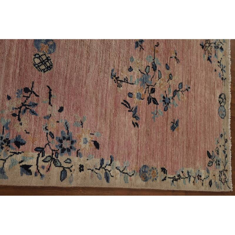 Pink Floral Oushak Vegetable Dye Runner Rug Hand-knotted Wool Carpet - 3'5"x 11'7"