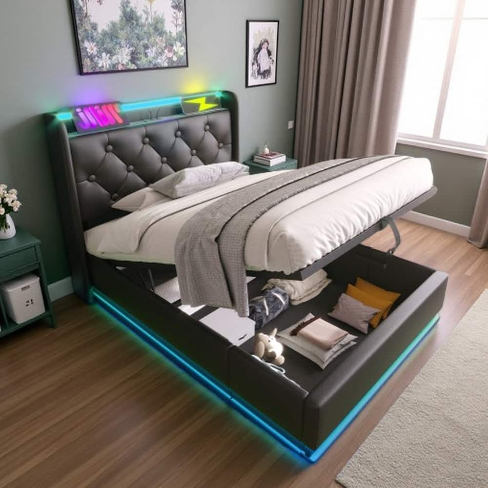 King Size Upholstered Storage Bed with 360° LED Lights, USB & Type-C Charging Ports, Hydraulic Lift, App/Remote Control