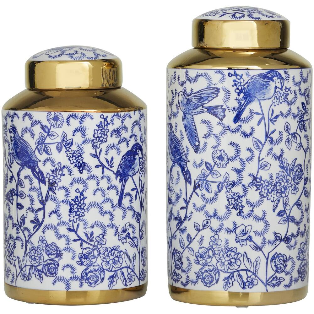 Ceramic Geometric or Floral Living Room Decorative Jars - Set of 2 White, Gold, Silver, Black, Blue - Roche River Decor