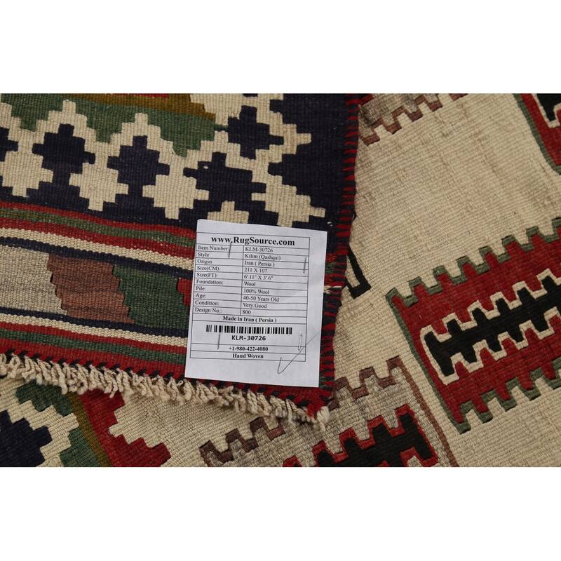 Beige Kilim Qashqai Persian Vintage Rug Hand-Woven Wool Carpet - 3'6"x 6'11"
