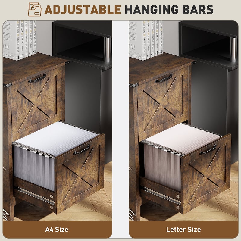 HOMCOM 2 Drawer Vertical File Cabinet with Silent Slides,Farmhouse Filing Cabinet with Barn Doors for A4/Letter Size