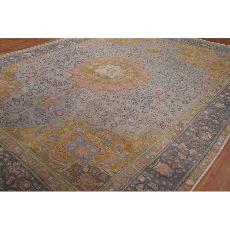 Distressed Tabriz Vintage Persian Area Rug Handmade Grey Wool Carpet - 9'10" x 12'10"