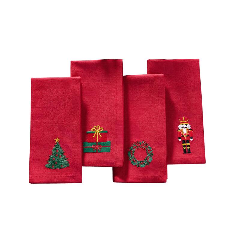 Holiday Embroidered Cotton Napkins, Set of 4 - 17x17 - Red