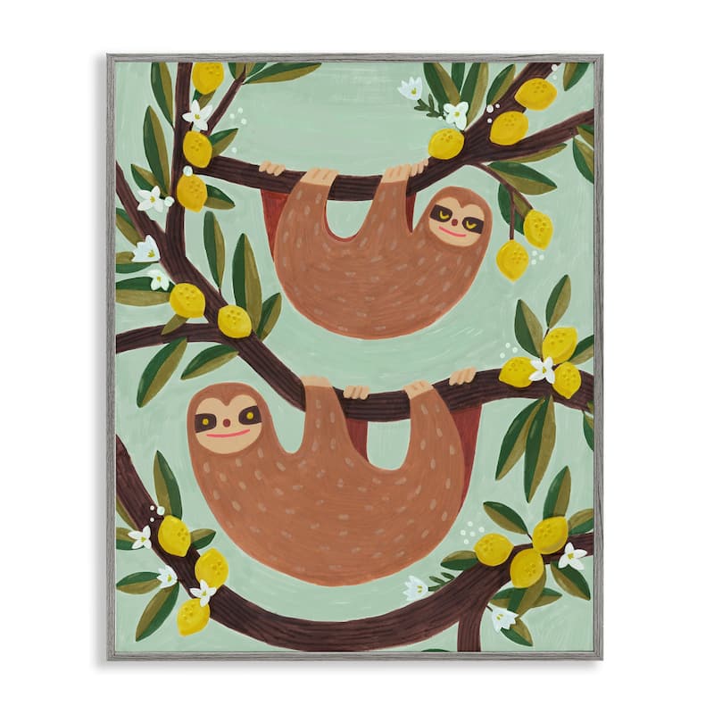 Stupell Hanging Sloths from Lemon Tree Framed Giclee Art Design By Irene Chan - 24 x 30 - Grey